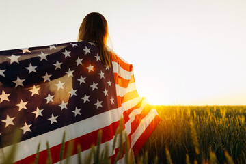 Young Woman with the American flag running in a wheat field at sunset. 4th of July. Independence...