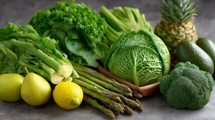 Fresh vegetables and fruits arranged. Healthy eating and nutrition are shown. AI generated.