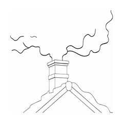 Simple line art illustration of a house roof chimney with flowing smoke emitting upwards