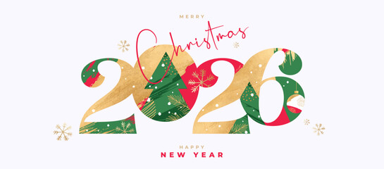 Merry Christmas and Happy New Year 2026 greeting card, poster, web banner, holiday cover. Xmas template in art style with gorgeous number 2026 design in gold, red and green colors for ads and promo