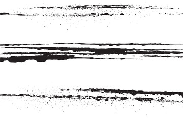 Abstract horizontal ink splatter strokes in black on white background. Ideal for grunge textures, digital art, and print design needing edgy and minimal distressed elements.