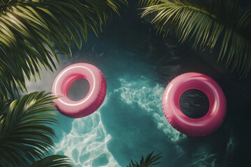 Top-down 3D view of a pool with pink float rings on the water, creating a tropical summer vibe.
