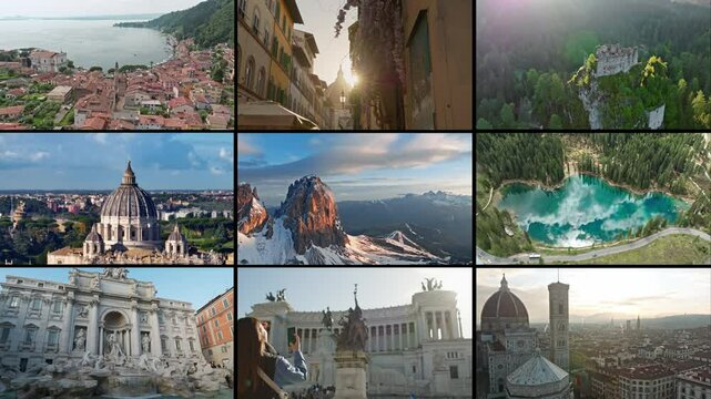 Collage of city walks in Italy showing the unique charm of historical urban architecture old European streets and cultural landmarks in popular tourist areas.