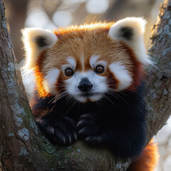 Obraz premium A red panda cub climbing a tree.