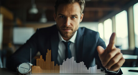 Confident businessman in suit gestures during meeting, modern office, data graph overlay, focused expression
