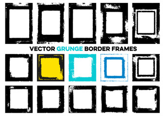 Vector set of grunge border frames. Includes various distressed square and rectangular shapes in black, white, yellow, and blue. Perfect for adding a rough, edgy, and urban feel to photos and designs.