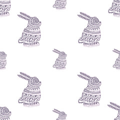 seamless pattern with fashion accessories violet small and big size Rabbit textured pattern background.