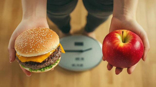 Hand holding two different types of food, a cheeseburger and an apple, in front of weight scale for visual metaphor about balancing junk food with healthier choices.