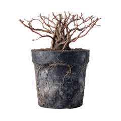 Unique Bonsai Roots in a Textured Black Pot on white background