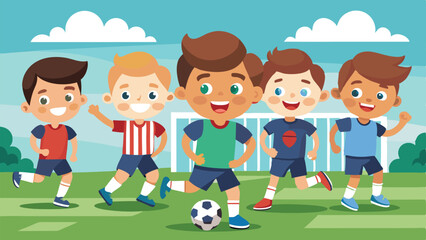 Cartoon boys playing soccer on a green field with clouds and blue sky