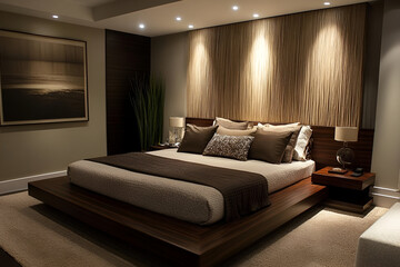 A modern bedroom with a low bed frame, textured pillows, and a blend of light and dark tones