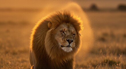 Majestic Lion Shaking Water Drops From Mane In Golden Sunlight On African Savanna