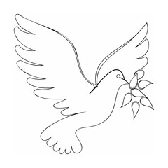 Line art illustration of a dove carrying an olive branch representing peace and hope