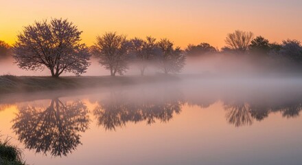 Misty Sunrise Over a Calm Lake With Blooming Trees
