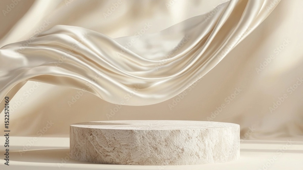 Poster stone podium enhances elegance of satin fabric floating softly in a minimalist setting
