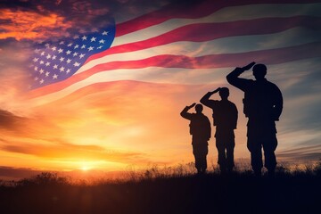 Soldiers saluting the american flag at sunset
