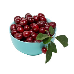 Ripe dark red cherries in blue bowl isolated on transparent background. Different angles. Place for design.  Close-up.
