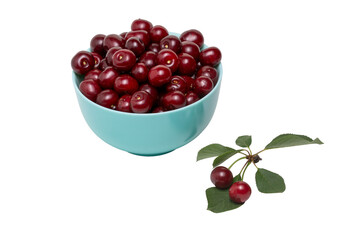 Ripe dark red cherries in blue bowl isolated on transparent background. Different angles. Place for design.  Close-up.