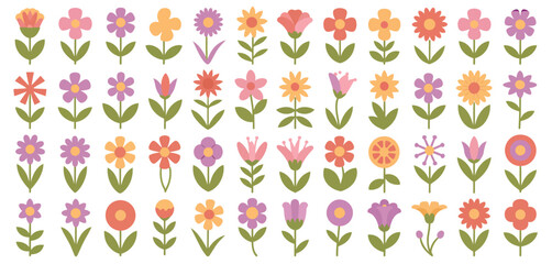Collection of Retro Style Flat Flower Illustrations