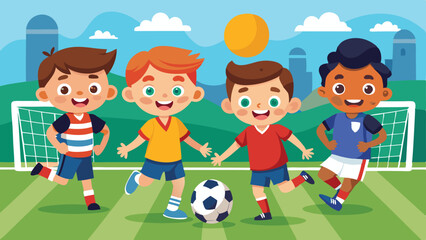 Four Cheerful Kids Playing Soccer with a Soccer Ball on a Green Field