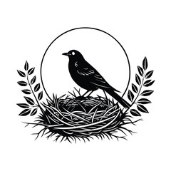 Bird sitting in nest silhouette line art vector illustration