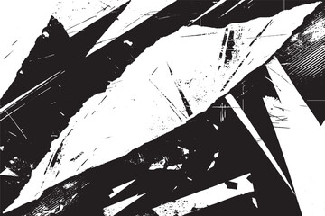 Dynamic abstract grunge background in black and white, featuring torn textures, sharp angles, and distressed details.