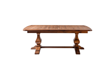 A rustic, wooden dining table with a rectangular top and turned pedestal base. background removed