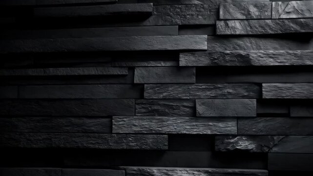Close up of a dark, rugged stone wall with rectangular brick shapes in varying sizes creating a textured, modern architectural design element.