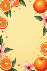 Obraz premium Watercolor-style decorative design with vibrant oranges, slices, flowers, and leaves on yellow background. 