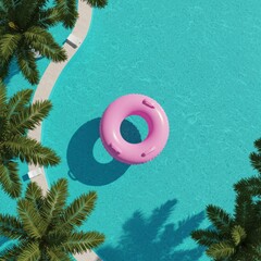 Top-down 3D view of a pool with pink float rings on the water, creating a tropical summer vibe.
