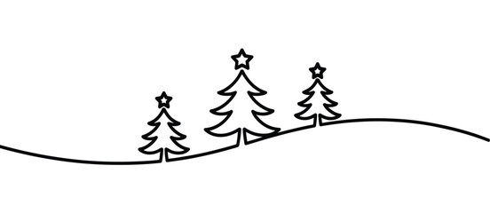 Simple Line Drawing of Three Christmas Trees on a Hill