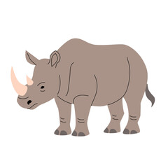 Flat vector illustration of a rhinoceros with two pale pink horns and a light brown-grey body. Simplified and stylized, ideal for safari-themed or educational animal content. Vector illustration