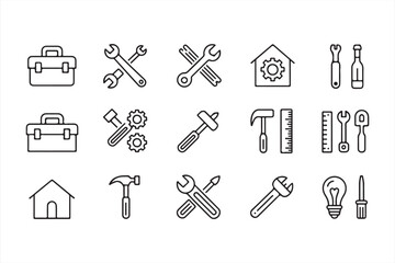 Bold Silhouettes of Workshop Tools and Construction Equipment Including Oil Can, Chisel, Lightbulb, and Toolbox in Vector Format