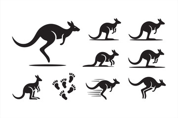 Dynamic Kangaroo Silhouettes with Movement Lines and Footprint Trails in Minimal Vector Style