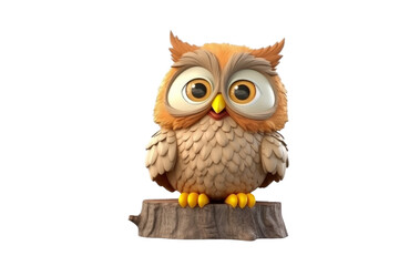 Adorable cartoon owl perched on a tree stump,  with large eyes and fluffy feathers. background removed