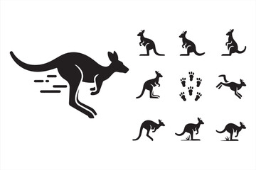 Black Vector Icons of Kangaroos in Motion, Sitting, and Walking with Wildlife Symbolism