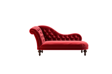 Elegant red velvet chaise lounge with button tufting and dark wood legs. background removed