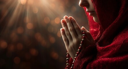 Photorealistic close-up of praying hands holding rosary beads on red shawl with glowing rays.