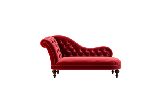 Elegant red velvet chaise lounge with button tufting and dark wood legs. background removed