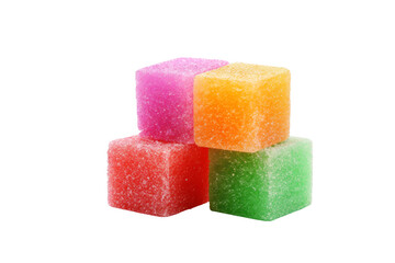 Four colorful sugar coated jelly cubes stacked together, vibrant and sweet. background removed