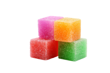 Four colorful sugar coated jelly cubes stacked together, vibrant and sweet. background removed