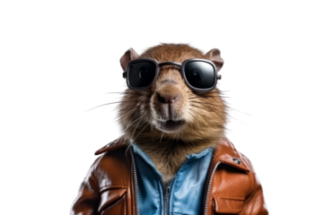 A cool rodent wearing sunglasses and a leather jacket. background removed