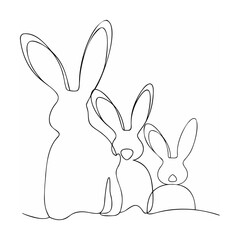 Minimalist black and white line drawing of a family of rabbits on white background