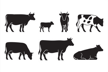 Silhouettes of Farm Cows and Calves in Standing, Grazing, and Resting Positions for Livestock Vector Illustration