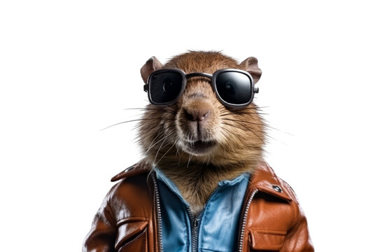 A cool rodent wearing sunglasses and a leather jacket. background removed