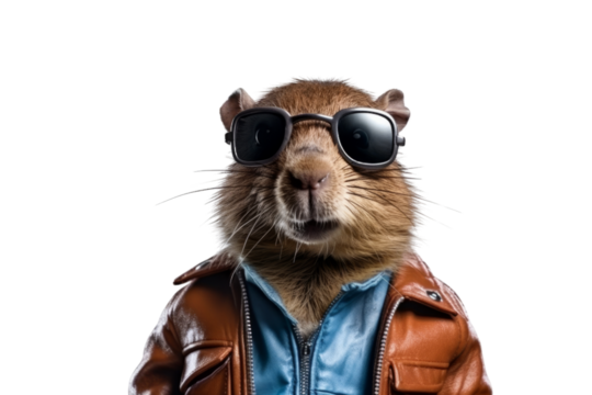 A cool rodent wearing sunglasses and a leather jacket. background removed