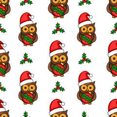 Seamless vector Christmas pattern featuring adorable owls in Santa hats, holding Christmas baubles, and interspersed with sprigs of holly berries.