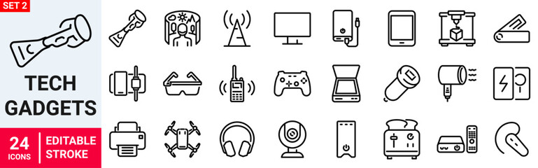 Tech Gadgets web icons in line style. Phone, tablet, laptop, startup, tv, dron, robot, game controler, vr, headphones, projector, collection. Vector illustration.