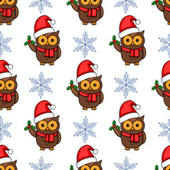 Seamless vector pattern featuring adorable cartoon owls wearing Santa hats, holding holly sprigs, against a backdrop of delicate snowflakes, perfect for festive winter designs.