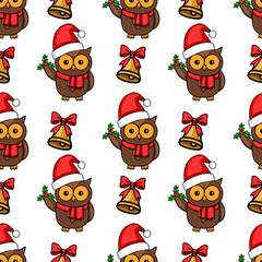 Seamless vector Christmas pattern with cute owls wearing Santa hats, holding holly, and golden bells with red bows, creating a festive and joyful winter design.